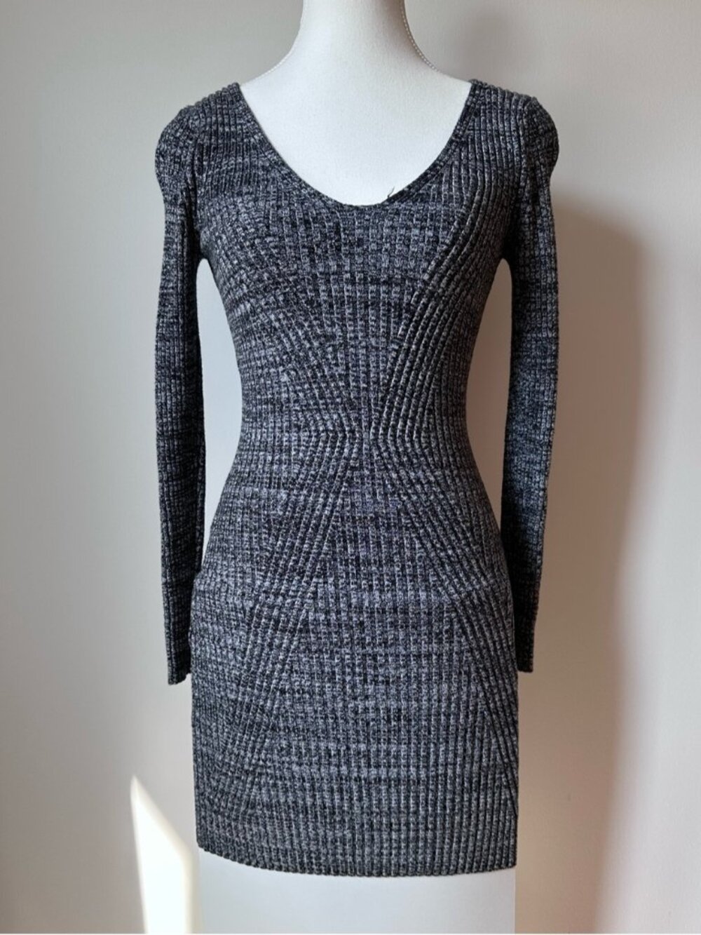 Vintage Y2K Dynamite Ribbed Sweater Dress V-Neck Long Sleeves Marled Knit - S